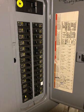 A circuit breaker panel with labeled switches and a warning notice on the side, indicating electrical sources and loads.